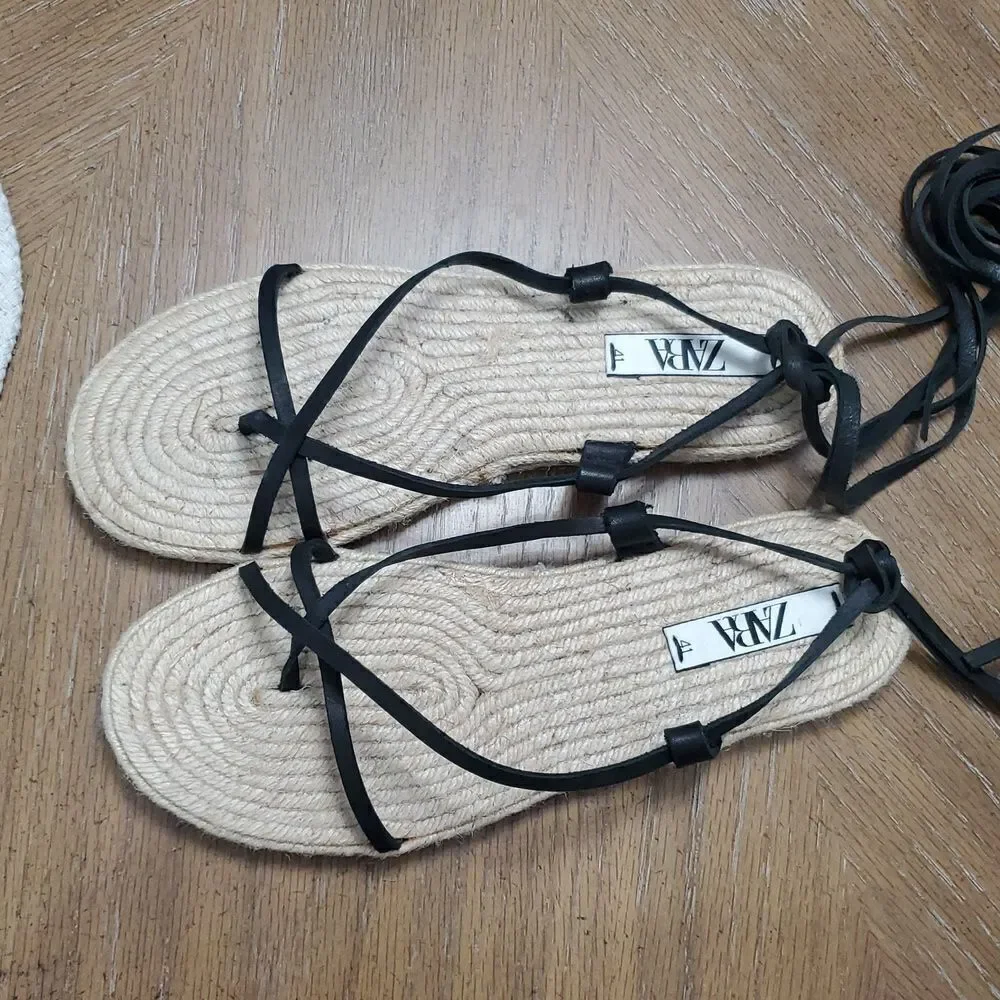 NWOT Zara Lace Up Tied Leather Jute Leather Black Sandals Size 41 - Picture 8 of 8